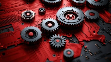 Poster - Abstract Red Circuit Board with Gears: Precision Engineering and Technology
