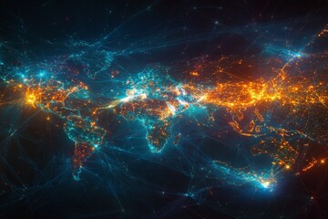 Aufkleber - Visual representation of global connectivity highlights urban areas and transportation networks across continents