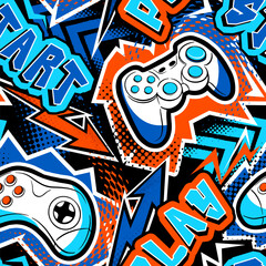 Aufkleber - Seamless abstract pattern with joystick game and graffiti words. Bright colorful  vector Print for boys.