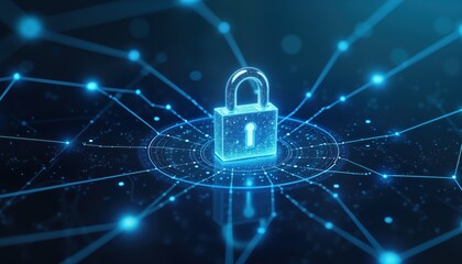 Fototapete - Digital padlock illustration. Tech network security concept. Glowing lock on dark blue tech backdrop. Data protection, cyber security. Futuristic, vibrant. Network connections show digital security.