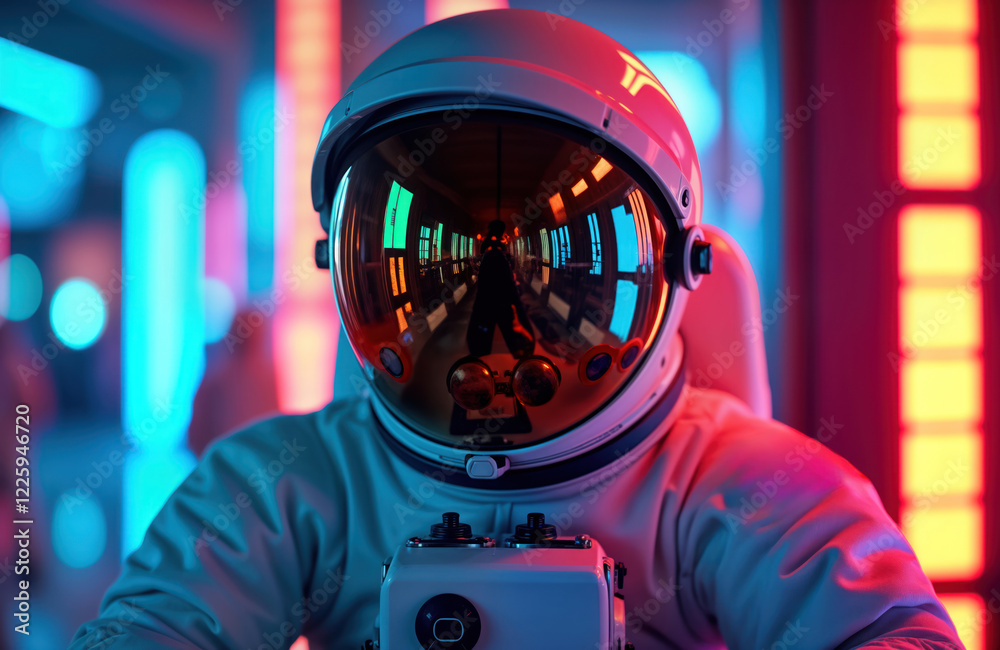 Astronaut in futuristic space suit with reflective helmet visor. Neon ...