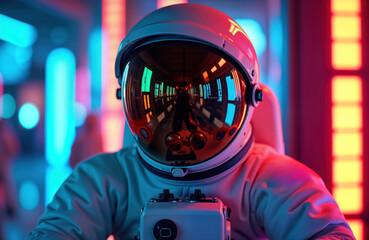 Aufkleber - Astronaut in futuristic space suit with reflective helmet visor. Neon lights illuminate space environment. Tech advanced space exploration scene. Person in astronaut suit exploring virtual cosmos.