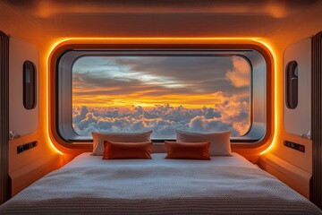 Aufkleber - Elegant bedroom with panoramic cloud views at sunset highlights modern comforts and serene atmosphere