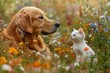 © ChaoticMind - Friendship blossoms between a golden retriever and a white kitten in a vibrant flower meadow