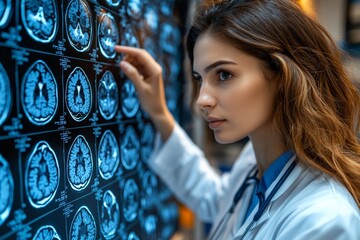 Aufkleber - Expert examines brain scans in a modern medical facility during research study