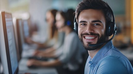 Aufkleber - Handsome male call center agent smiling while working in a busy office