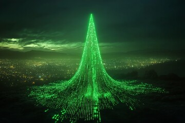 Aufkleber - Spectacular green light display illuminates city skyline at night with a futuristic digital pyramid formation