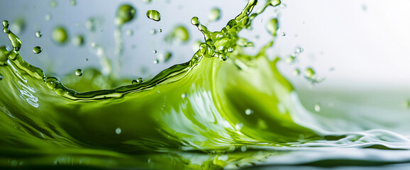 Poster - Close-up of a vibrant green liquid splash with dynamic motion and droplets, symbolizing freshness, energy, and the purity of nature