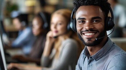 Poster - Smiling customer service agent working in a busy call center