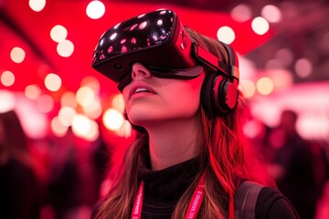 Poster - Engaging in virtual reality technology at a modern exhibition with immersive experiences and vibrant lighting