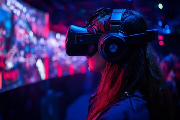 Aufkleber - Virtual reality experience captures excitement at a gaming event with vibrant lighting and immersive technology