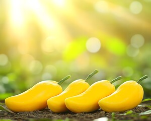 Poster - Four Ripe Yellow Mangoes on Ground, Sunny Garden Background