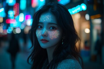 Woman with sparkling face paint in vibrant city lights during evening stroll