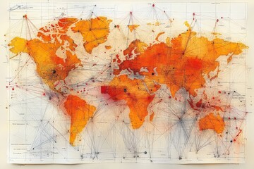 Poster - Intricate global map with vibrant colors depicting connections and routes around the world