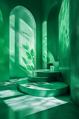 Poster - Abstract green interior with archways and podium illuminated by sunlight and leaf shadows, symbolizing eco-friendly design, sustainability, and modern minimalism