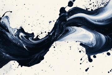 Fototapete - Abstract black and white paint swirl on a light surface showcasing fluid movement and artistic expression