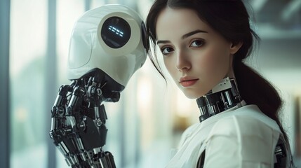 Poster - Concept Industry 4.0. Artificial intelligence automation of product manufacturing on smart factory. Ai uses intellectual management of industrial processes. Robot woman holding in palm a robotic arm