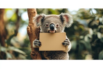 Poster - Koala holding a blank sign in its paws while perched on a tree in a lush environment