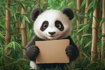 Poster - Cute panda holds a blank sign amidst lush bamboo forest during daytime