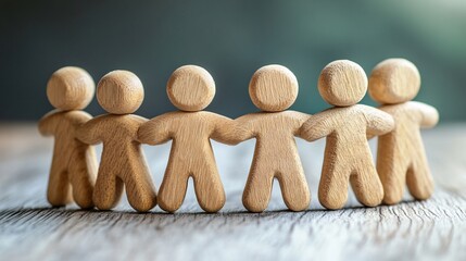 Poster - Wooden figures holding hands showing concept of teamwork