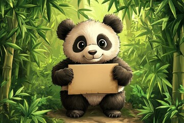 Poster - Cute panda holds sign in a lush, green bamboo forest with sunlight filtering through the leaves