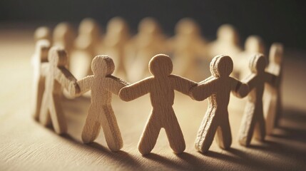 Poster - Wooden figures holding hands in circle showing concept of teamwork