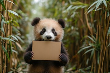 Poster - Cute panda holds blank sign in bamboo forest during daytime while surrounded by lush greenery