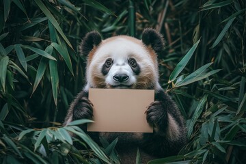 Poster - Panda holds blank card in lush bamboo grove during midday