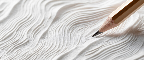 Poster - Close-up of a wooden pencil tip on textured white paper with elegant wavy patterns, symbolizing creativity, simplicity, and the beauty of handcrafted design elements.