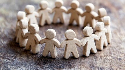 Poster - Wooden figures holding hands, forming a circle on a rustic background