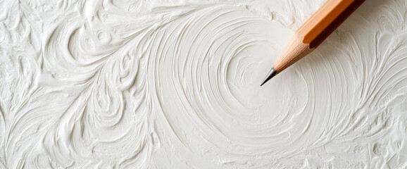 Aufkleber - Close-up of a wooden pencil tip on a textured white surface with intricate swirl patterns, symbolizing creativity, minimalism, and artistic inspiration.