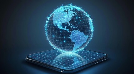 Poster - High-speed connection to the world Wide Web from anywhere in the world via the mobile Internet. The hologram of the earth consists of a polygon, and points. Vector illustration.