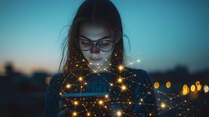 Poster - High speed communications with world wide web from anywhere in world via phone mobile internet. Hologram earth consists light dots. Abstract virtual hud elements over screen modern glass smartphone.