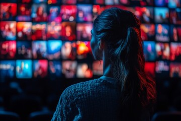 Poster - Young woman enjoying an immersive media experience in a vibrant display of colorful screens