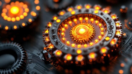 Poster - Illuminated Gears: A Close-Up of Intricate Mechanical Engineering