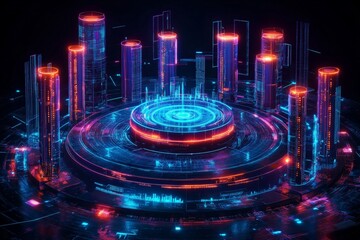Aufkleber - Abstract futuristic cityscape featuring glowing towers and digital elements illuminated at night