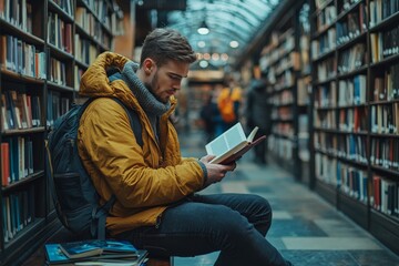 Poster - Young man reading a book in a cozy library filled with shelves of books during the afternoon