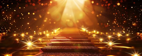 Poster - Staircase to a golden bokeh stage with red carpet and spotlights