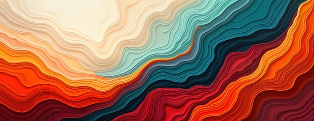Poster - Abstract colorful background with wavy lines, layered colors. Modern design with vibrant hues like orange red teal, blue creating textured artistic effect. Colorful artwork perfect for various