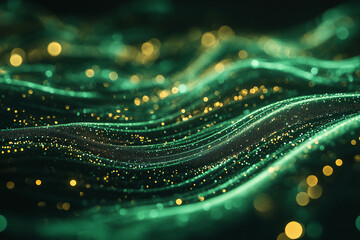 Fototapete - Abstract green waves with golden particles and luminous bokeh effects, symbolizing energy, flow, and digital innovation for backgrounds and creative designs