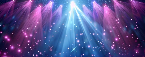 Poster - Blue stage backdrop with vibrant lights and shimmering particles for a festive or celebratory concept