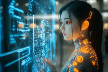 Poster - Futuristic woman interacting with digital interface in a high-tech environment at night
