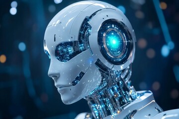 Poster - Futuristic humanoid robot with glowing features in a high-tech environment