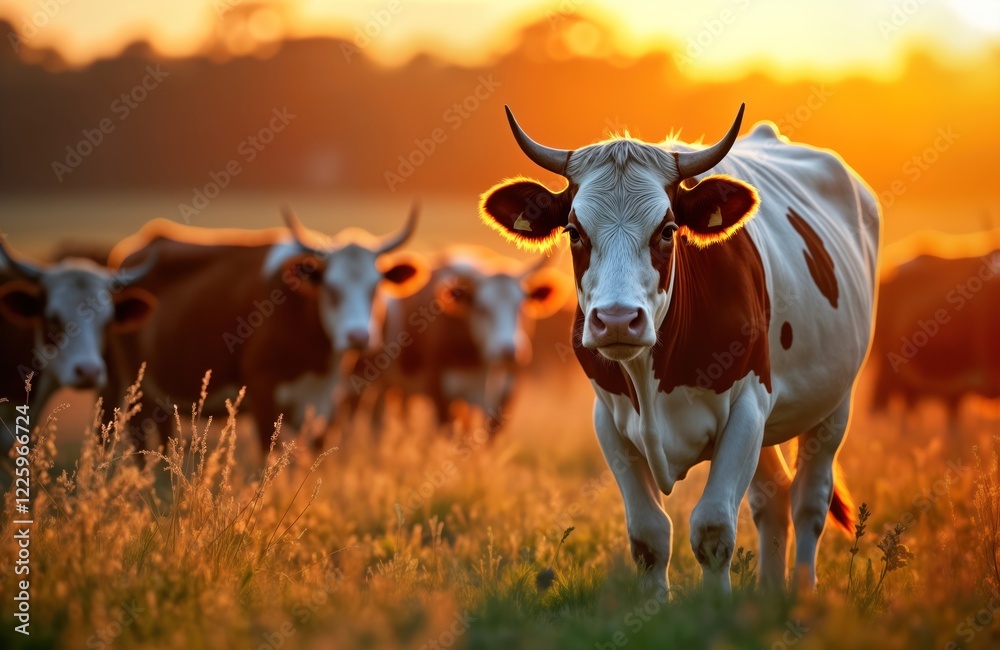 Native Beef Cow Beef cows graze on native grasses in Australian farm field. Golden ...