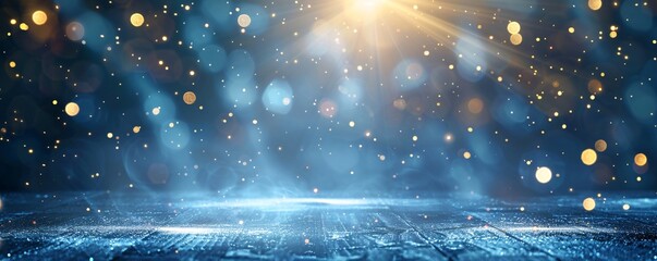 Poster - Spotlight illuminates empty wooden stage with falling glitter, creating abstract festive background for product placement