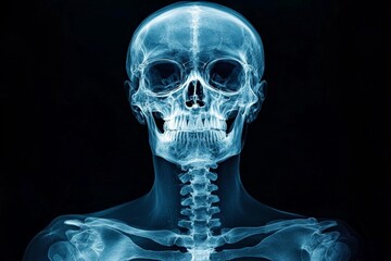 Aufkleber - Detailed medical x-ray showing a human skull and upper spine against a black background