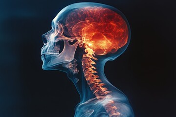Poster - Detailed visualization of human skull and brain activity in a medical illustration highlighting neurological function