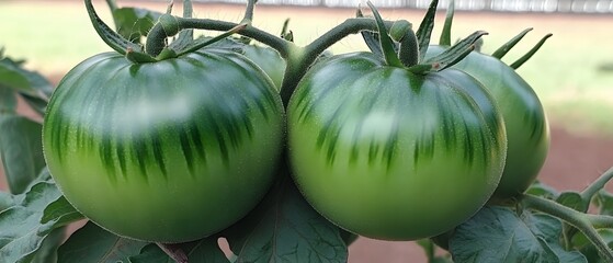 Poster - Striped Green Tomatoes on Vine Close Up Shot