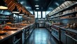 © miss irine - Empty restaurant kitchen with pro equipment. Shiny chrome, stainless steel appliances line space. Modern commercial kitchen interior. Pro grade cooking tools visible. Clean, organized space ready for