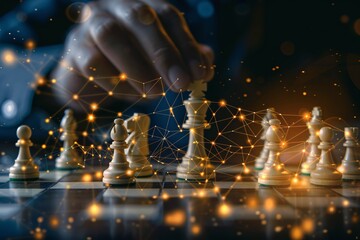 Aufkleber - Businessman strategically moving a glowing king chess piece on a chessboard during a game of chess